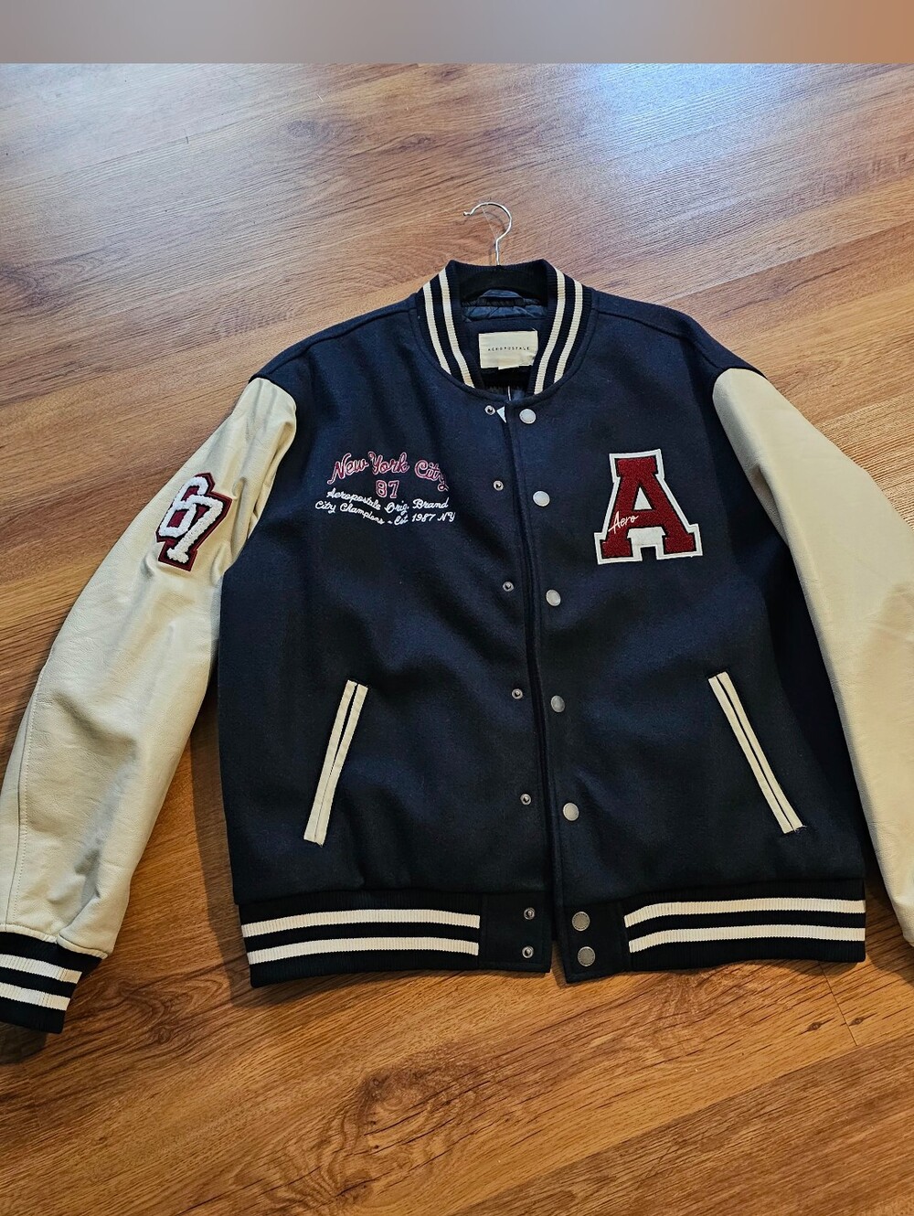 Aeropostale Navy and Cream Letterman Varsity Jacket